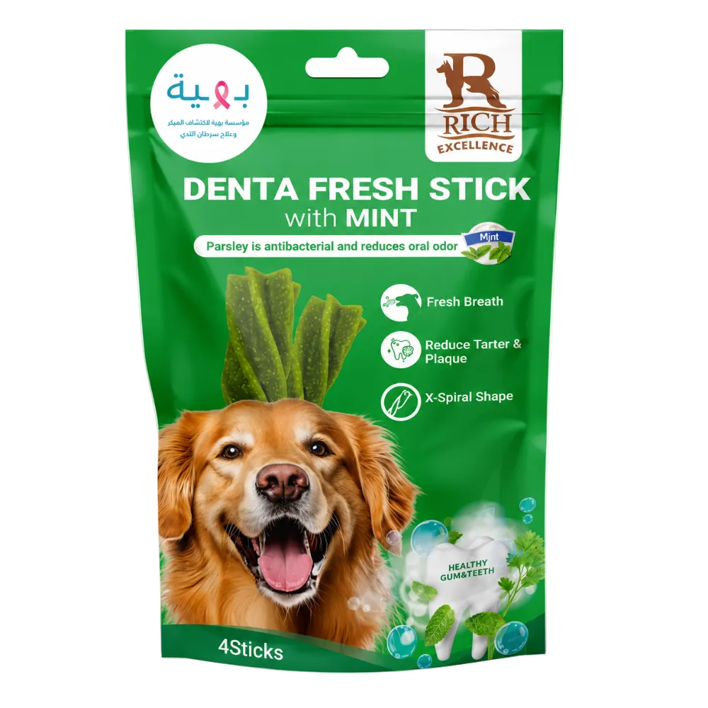 A package of Rich Excellence Denta Fresh Stick with Mint dog treats, featuring a green stand-up pouch with a golden retriever illustration and illustrations of the spiral mint treats inside.