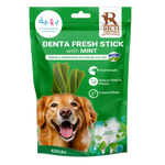 A package of Rich Excellence Denta Fresh Stick with Mint dog treats, featuring a green stand-up pouch with a golden retriever illustration and illustrations of the spiral mint treats inside.