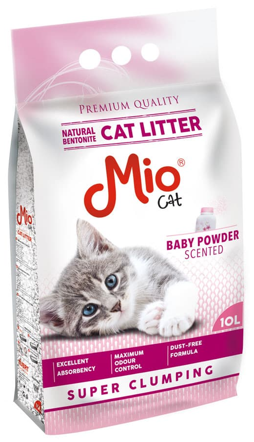Package of Mio Cat litter with a cat on the label
