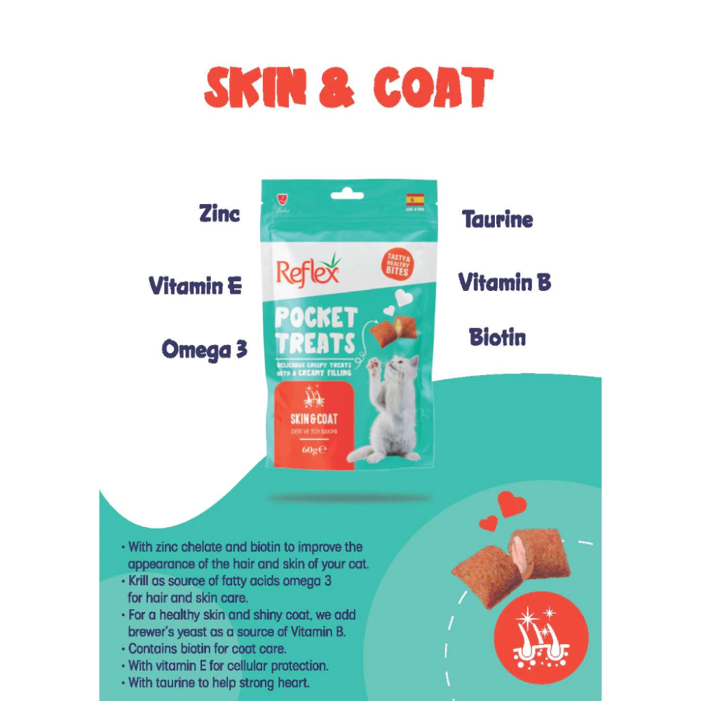 Reflex Pocket Treats for cats with skin and coat benefits on a white background