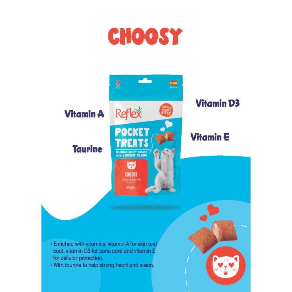 Cat treat package with Reflex branding on a white background