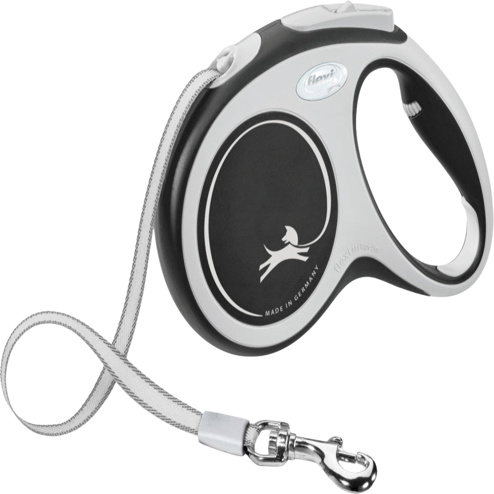 Retractable dog leash with black and silver design on a white background