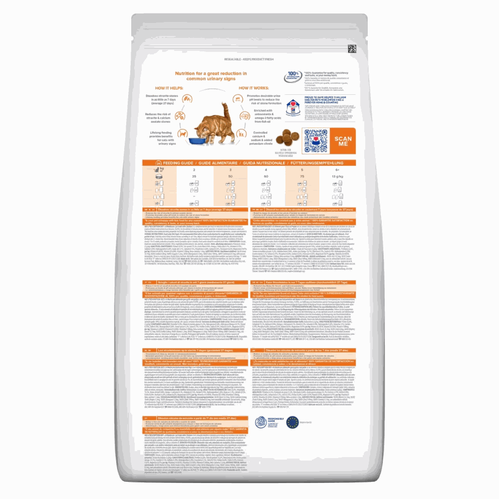 Cat food packaging with nutritional information on a white background