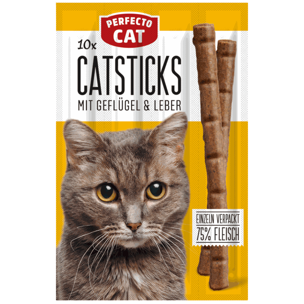 Pack of Perfecto Cat Catsticks with a cat's face on the packaging