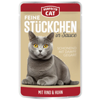 Cat food package with a gray cat on the label against a beige background