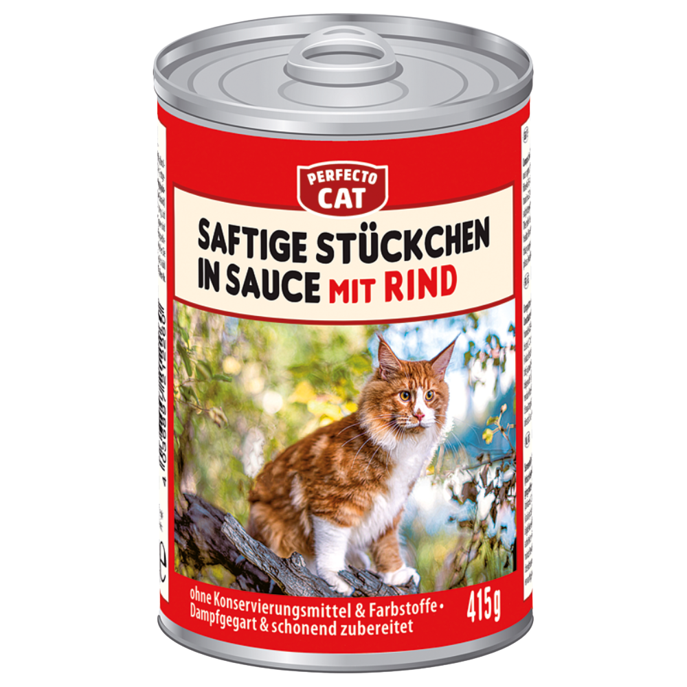 Can of Perfecto Cat cat food with a red label and a cat on the side, on a white background