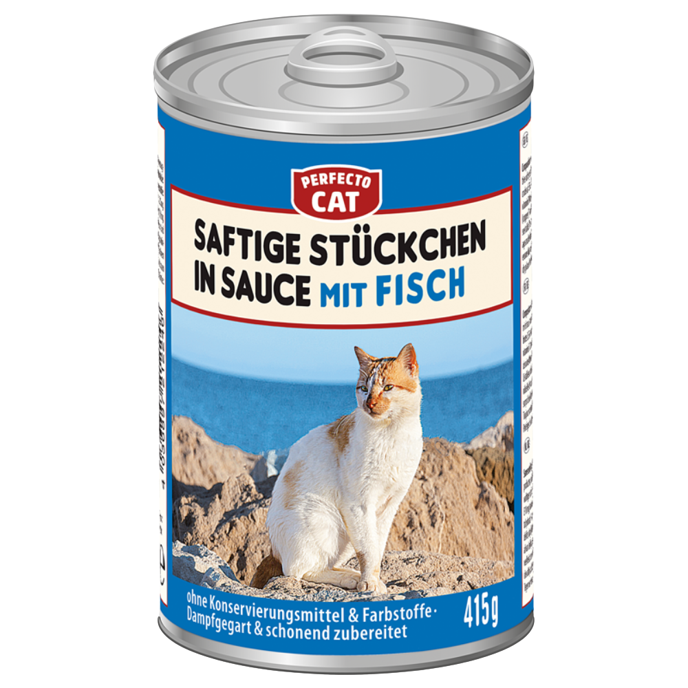 Cat food can with 'Perfecto Cat' branding and a cat on the label