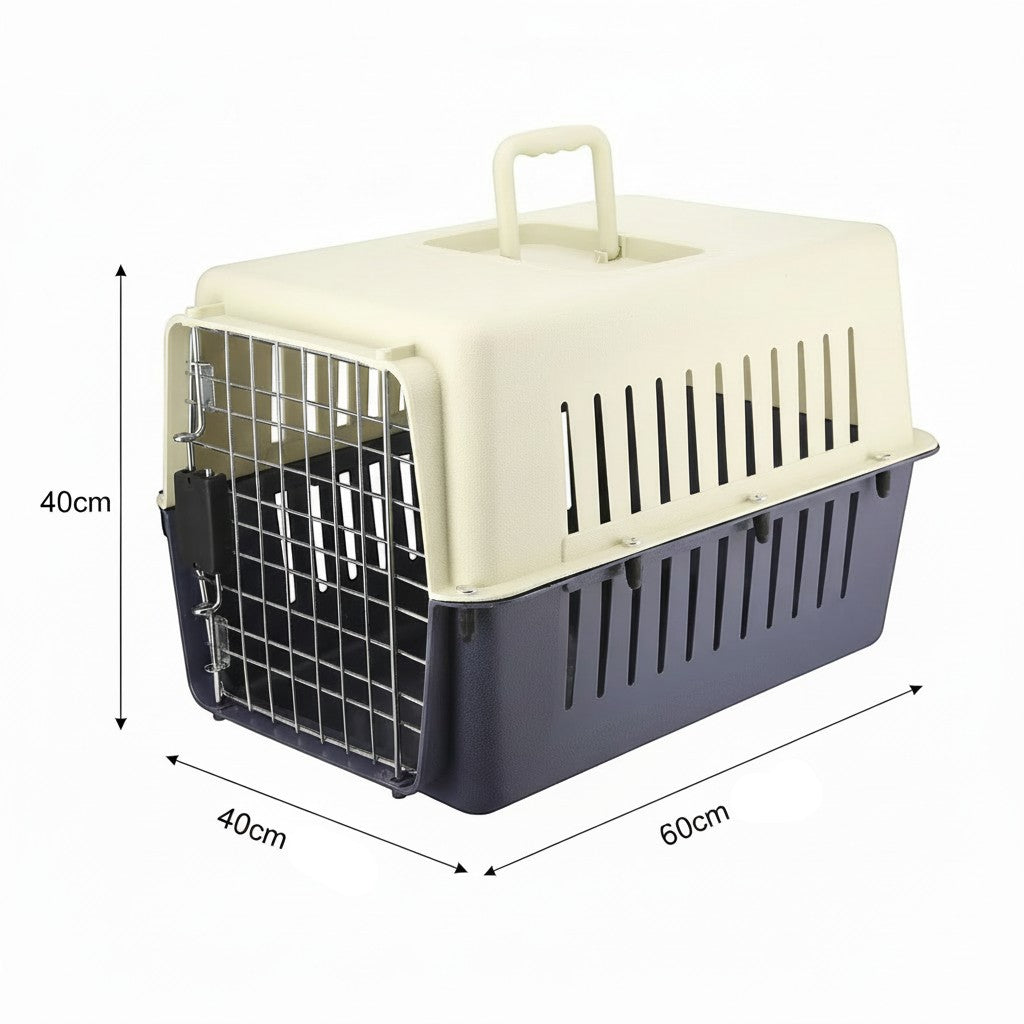 Pet carrier with corrected measurements on white background