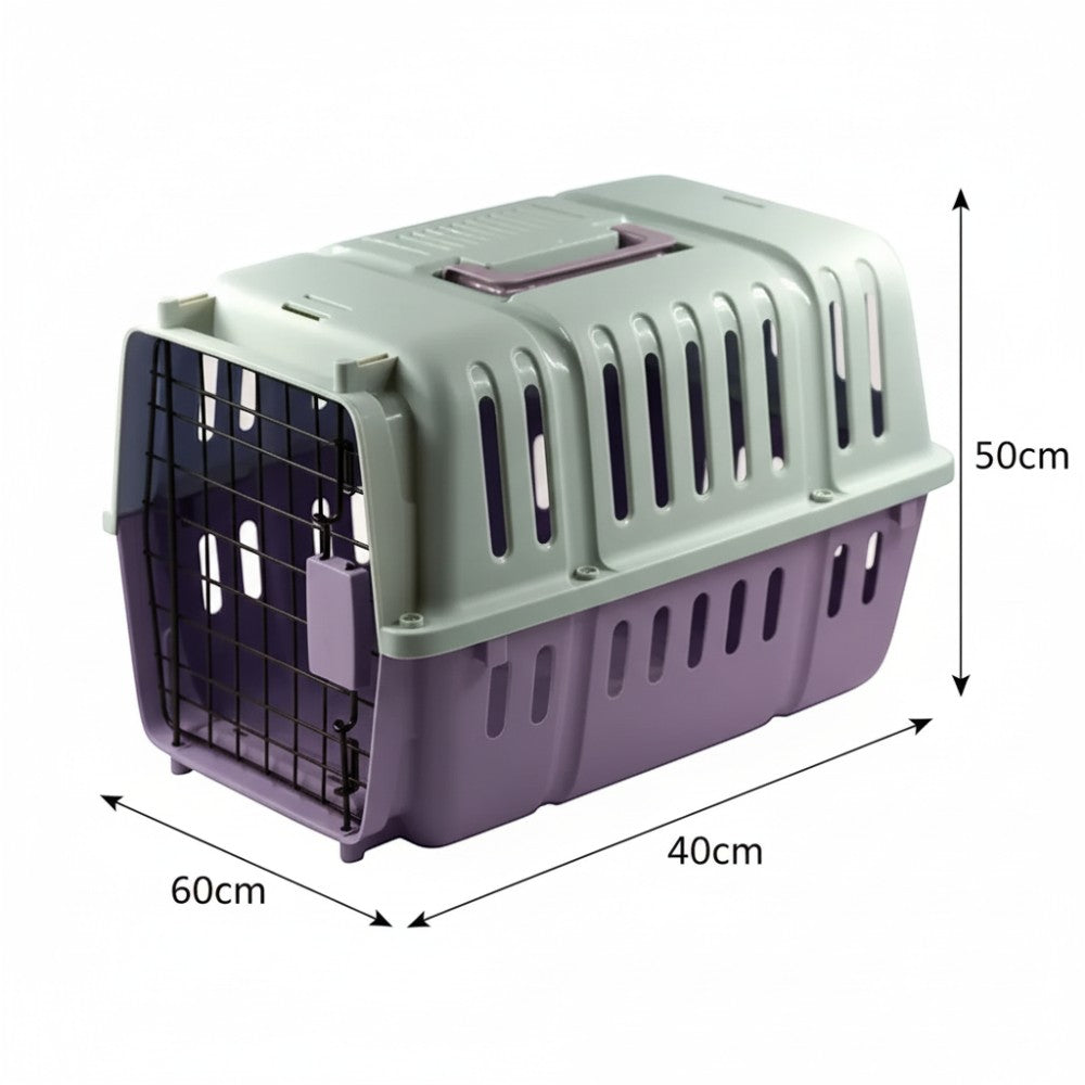 Pet carrier with dimensions indicated on a white background