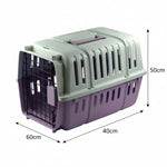 Pet carrier with dimensions indicated on a white background