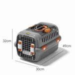 Gray and orange pet carrier with dimensions indicated on a white background