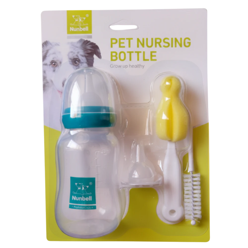Pet nursing bottle set with brush on a branded package