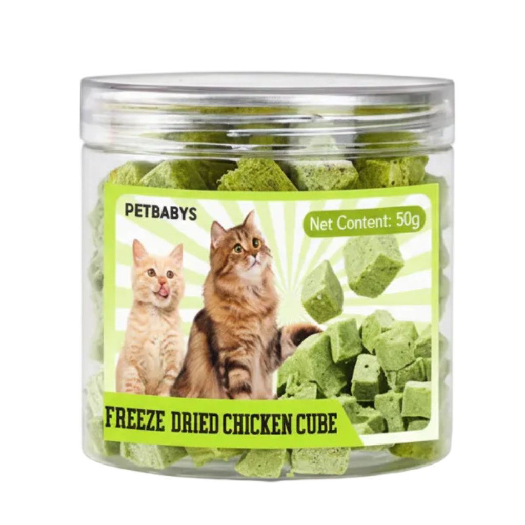 PETBABYS freeze dried chicken cube cat treats white background