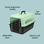 Pet carrier with features highlighted on a light blue background