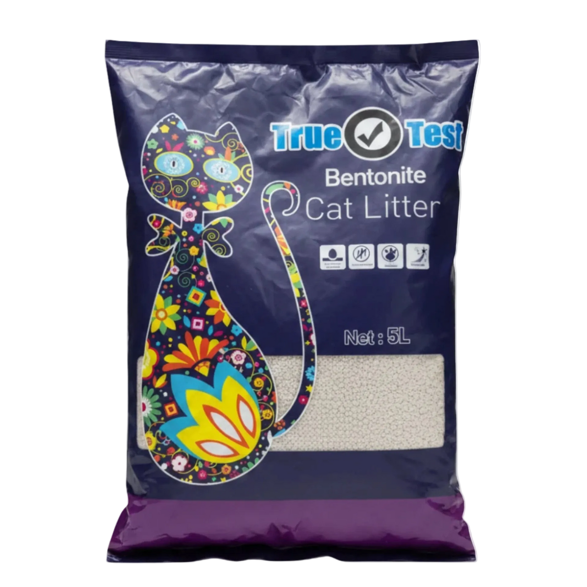 Petfast.shop True Test Bentonite Cat Litter in Lavender scent, 5L bag with a colorful cat design. Low dust, fast-clumping.