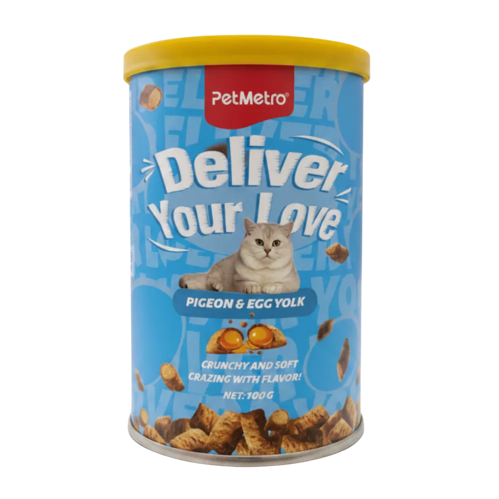 Pet food canister with blue label and yellow lid on a white background