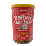 Pet food container with red label and yellow lid on a white background