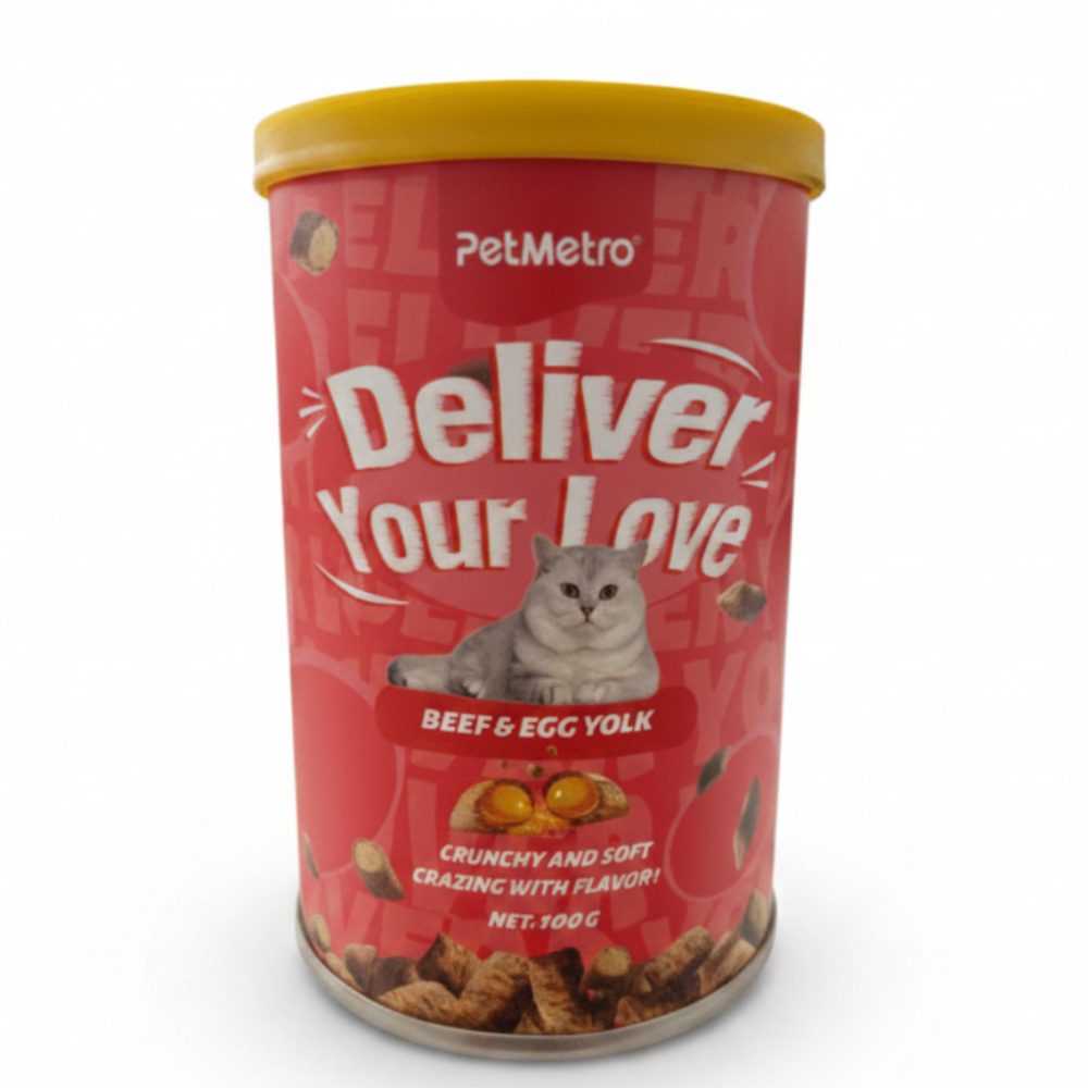 Pet food container with red label and yellow lid on a white background