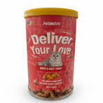 Pet food container with red label and yellow lid on a white background