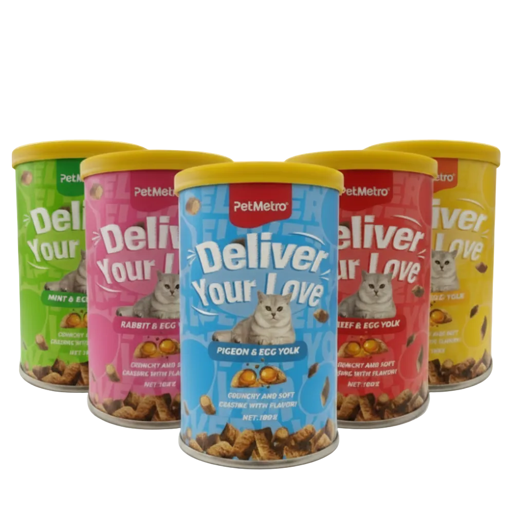 Five colorful cans of PetMetro Deliver Your Love cat food on a white background