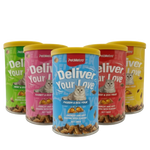 Five colorful cans of PetMetro Deliver Your Love cat food on a white background