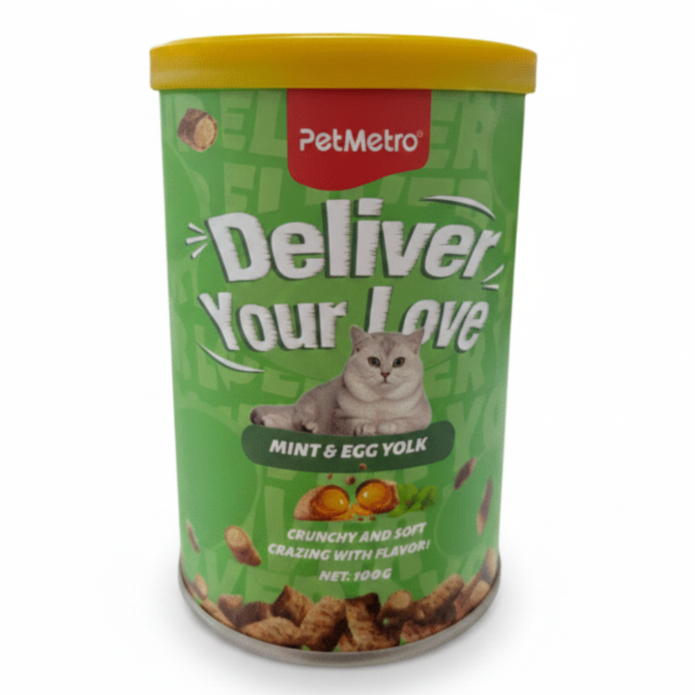 Pet food container with green label and yellow lid on a white background
