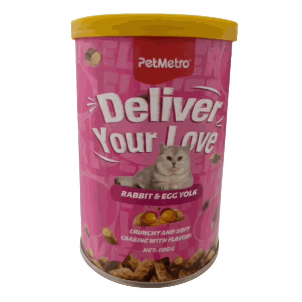 Pet food container with pink label and yellow lid on a white background