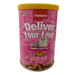 Pet food container with pink label and yellow lid on a white background