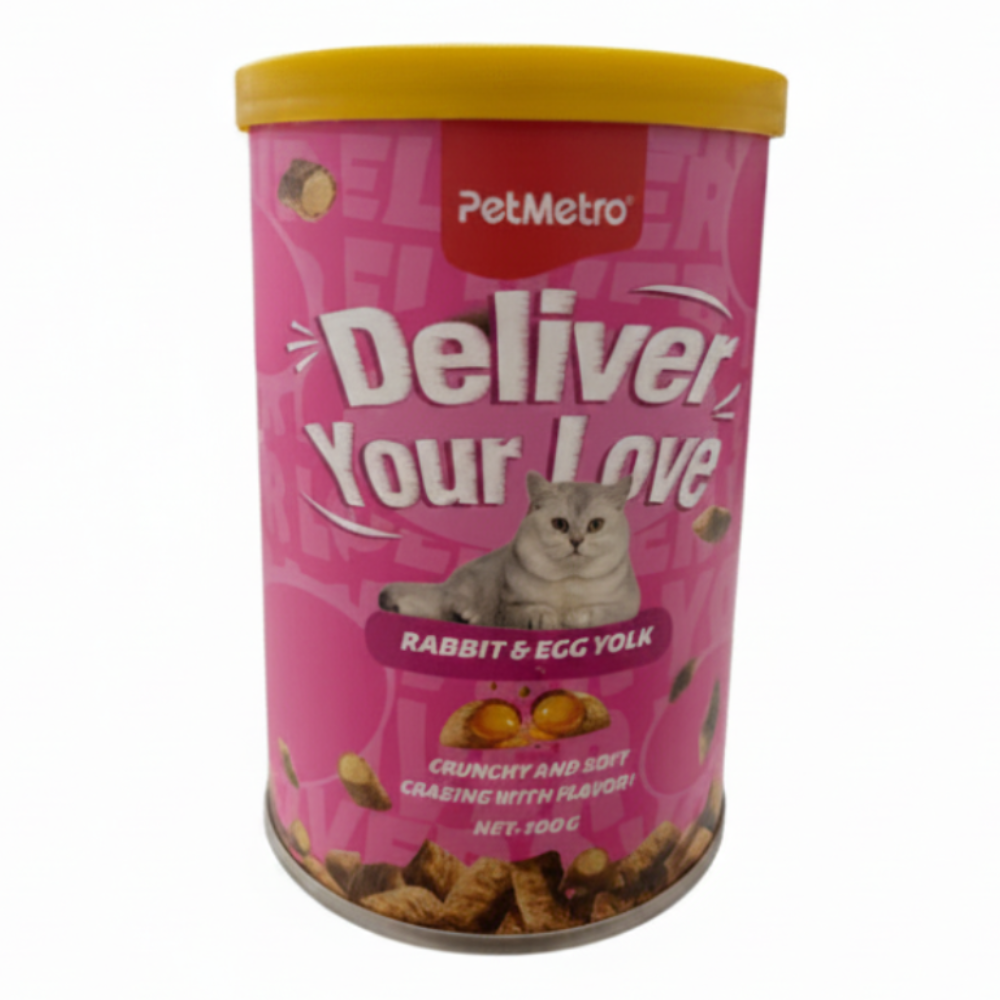 Pet food container with pink label and yellow lid on a white background
