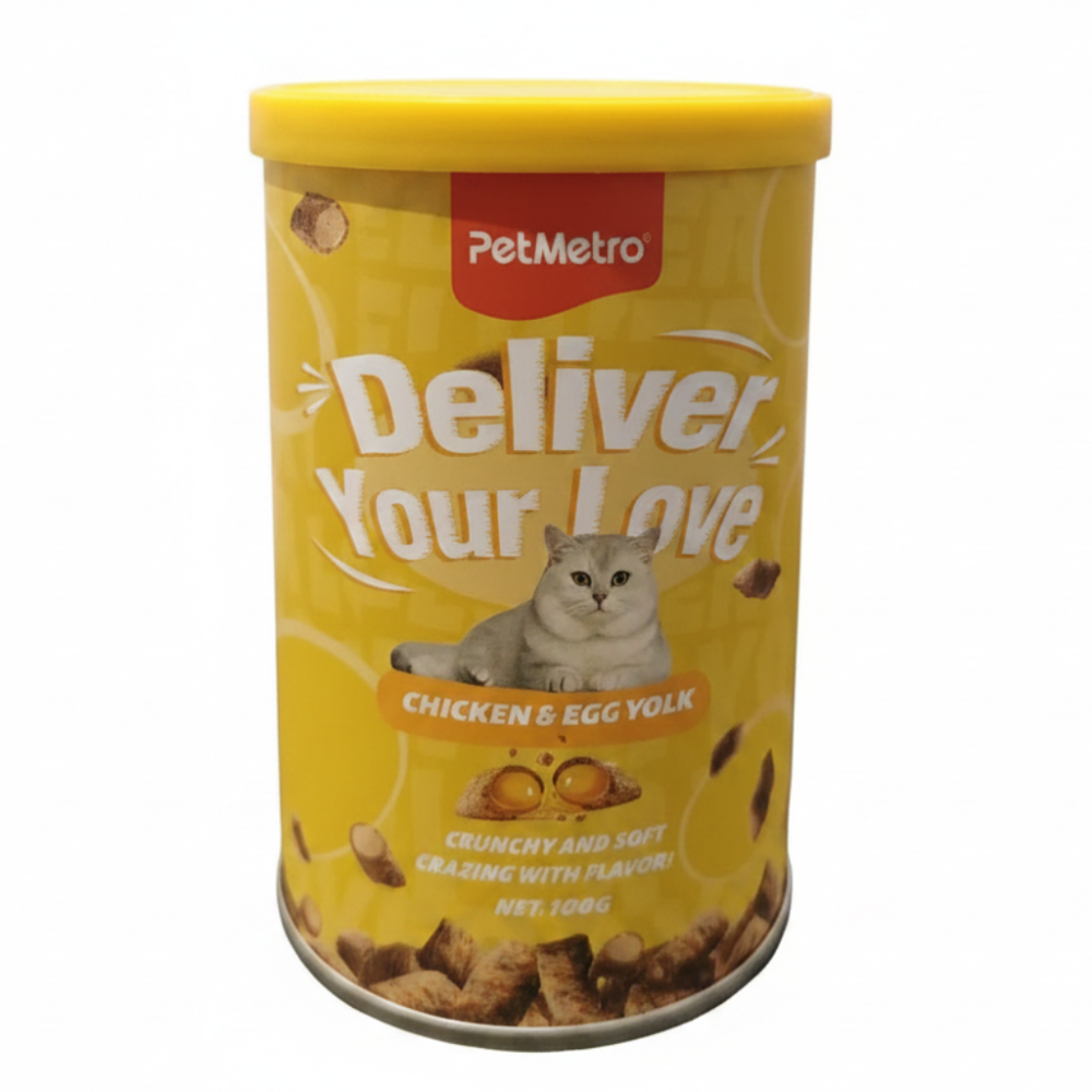 Yellow can of PetMetro cat food with a cat illustration on a white background