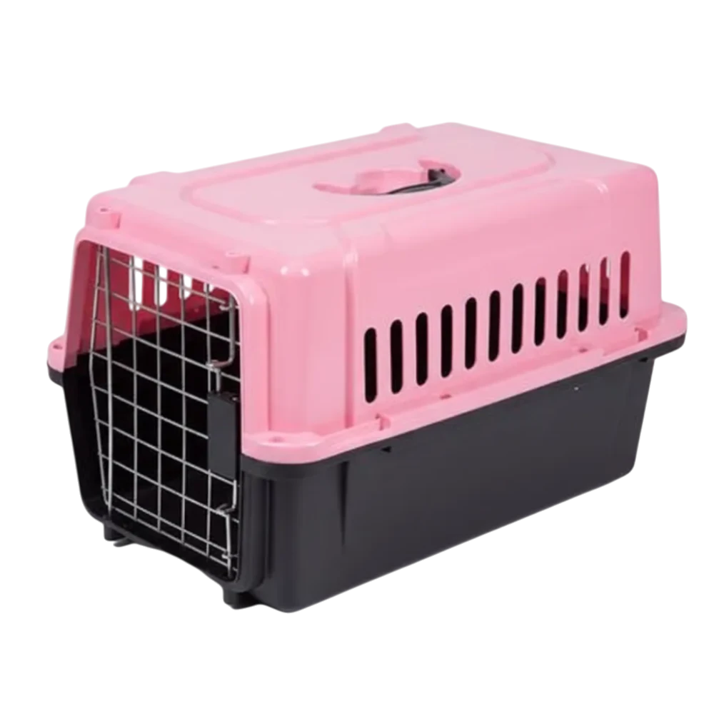 Pink and black pet carrier on a white background
