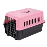 Pink and black pet carrier on a white background