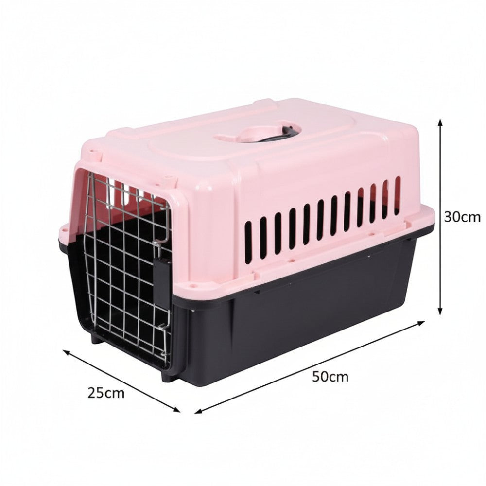 Pet carrier with dimensions labeled on a white background