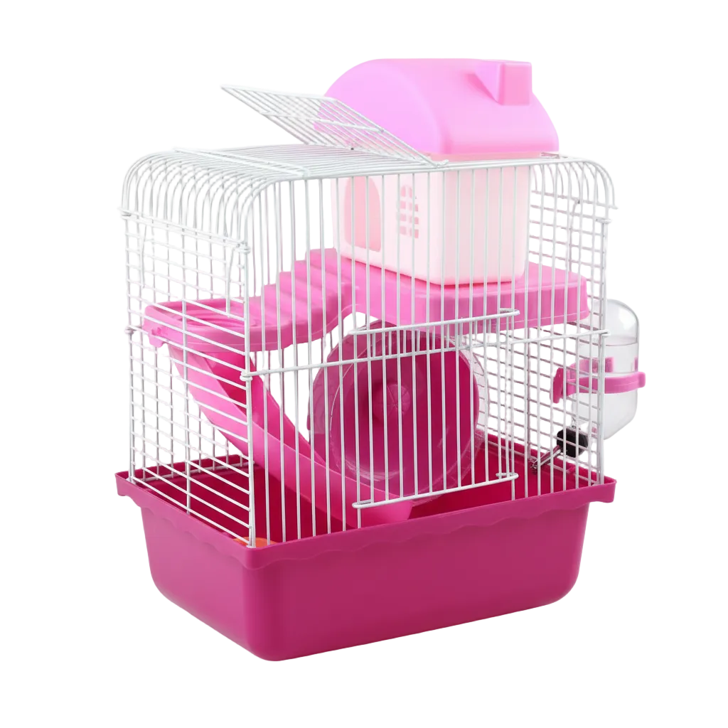 Pink two-story hamster cage white background