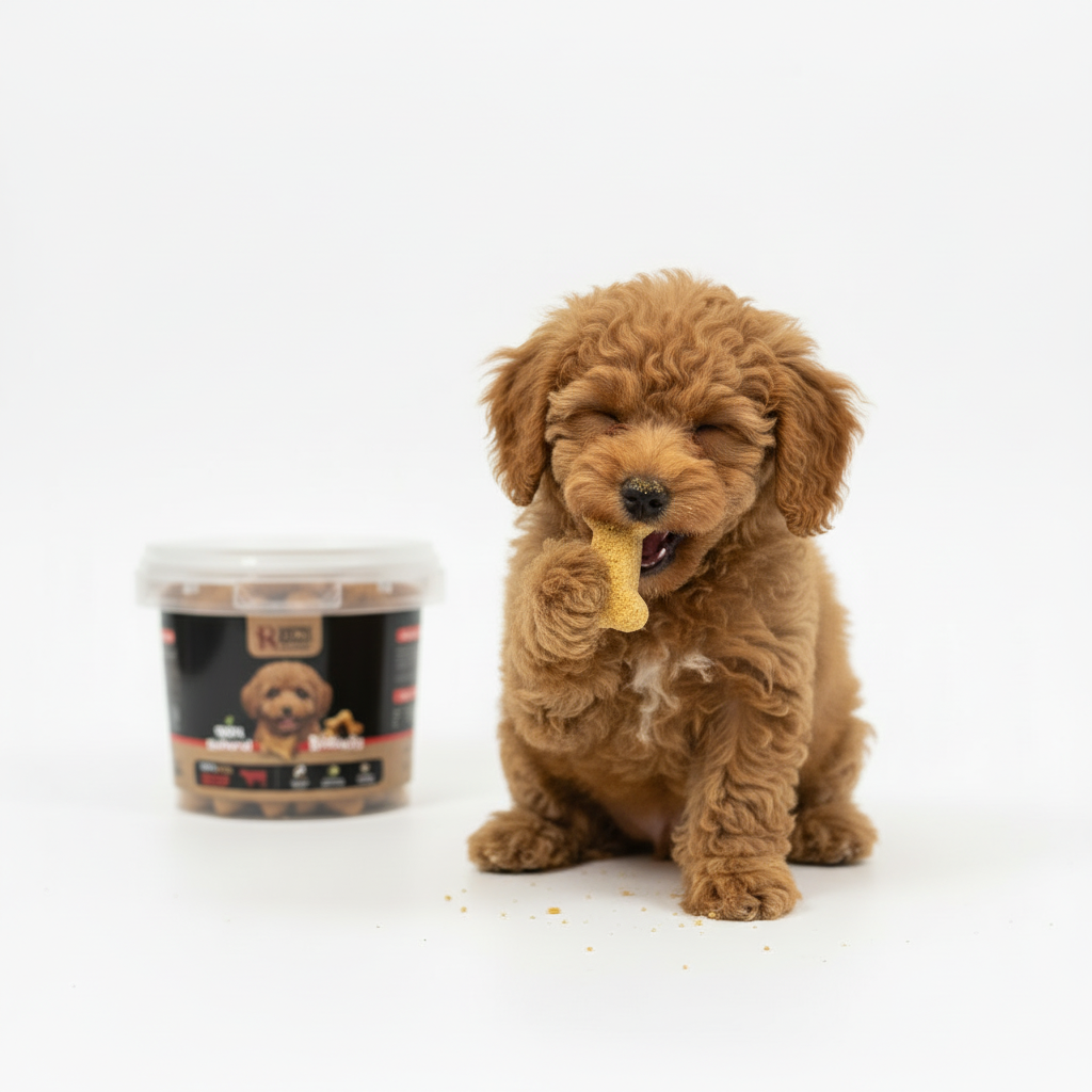 Poodle puppy eating treat no hands white background