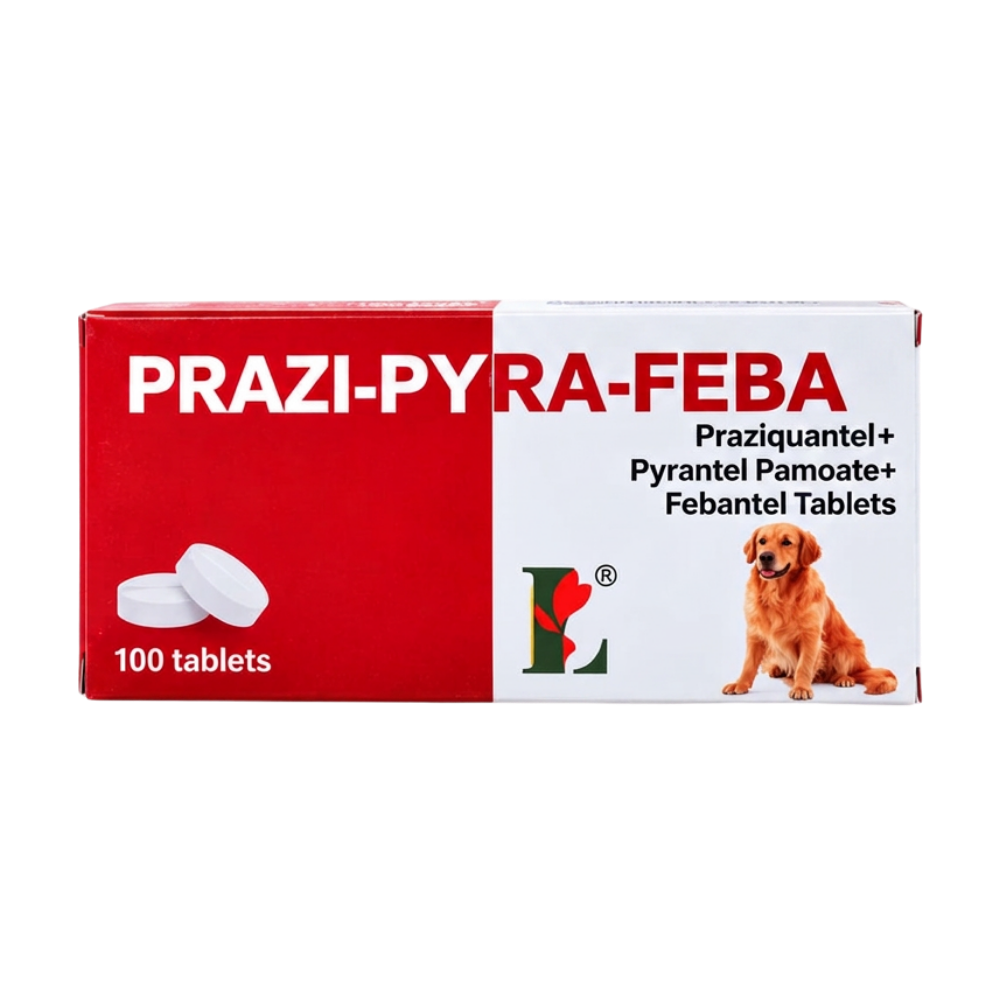علبة PRAZI-PYRA-FEBA بخلفية بيضاء