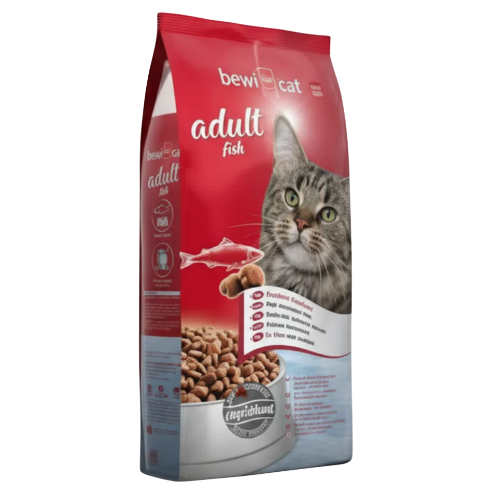 Premium cat food bag on white background