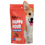 Dog food package with a dog's face on the side, featuring the brand 'Reflex Plus'.