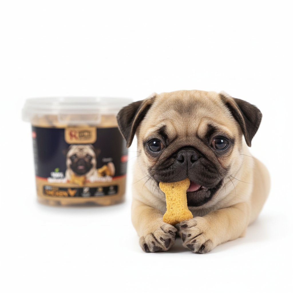 Pug puppy eating Rich Excellence chicken biscuit treat