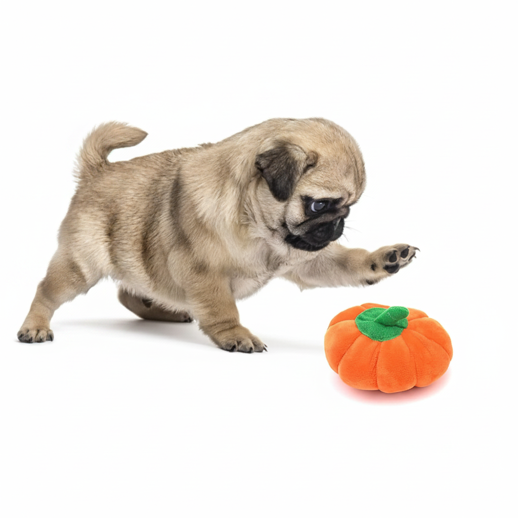 Pug puppy playing with orange pumpkin toy