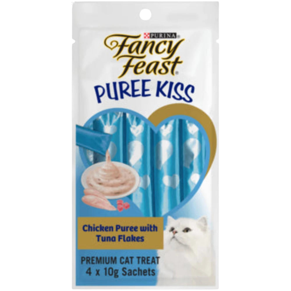 Fancy Feast Puree Kiss cat treat package on a white background