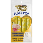 Fancy Feast Puree Kiss cat treat package with tuna puree and chicken flakes on a white background