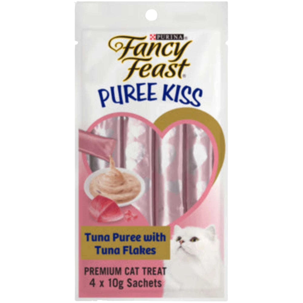 Fancy Feast Puree Kiss cat treat package on a white background