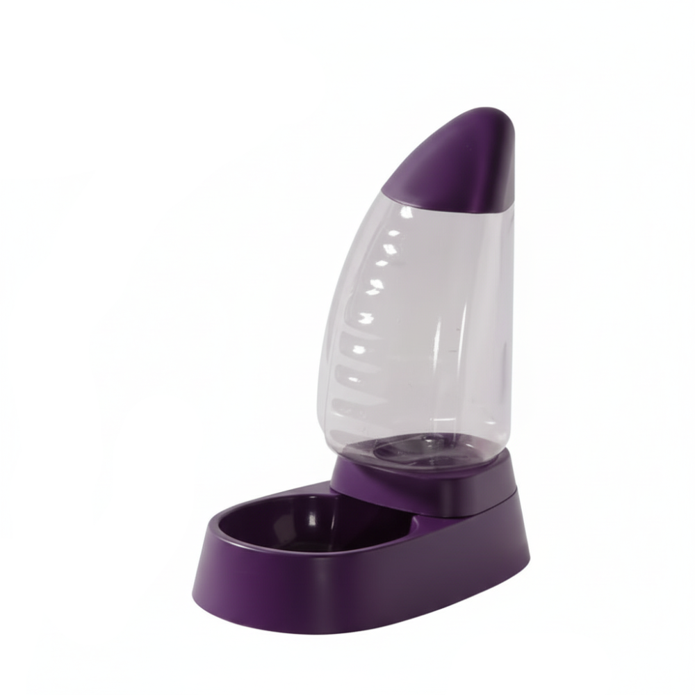 Purple pet feeder with clear water container on a white background