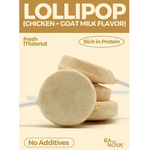 Lollipop-shaped pet treats with 'RA NOVA' branding on a beige background