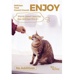Cat being offered a treat with text about the product on a white background