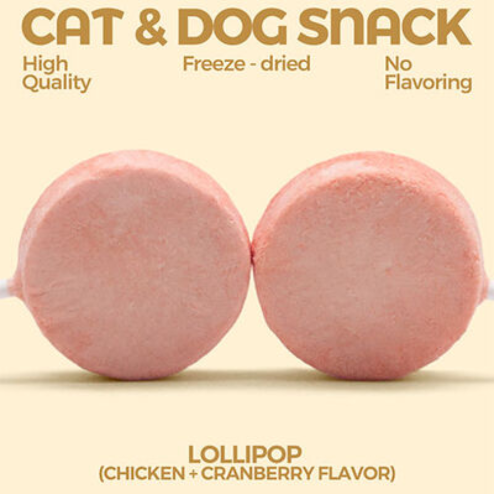 Two pink freeze-dried cat and dog snacks labeled 'Lollipop' on a beige background.