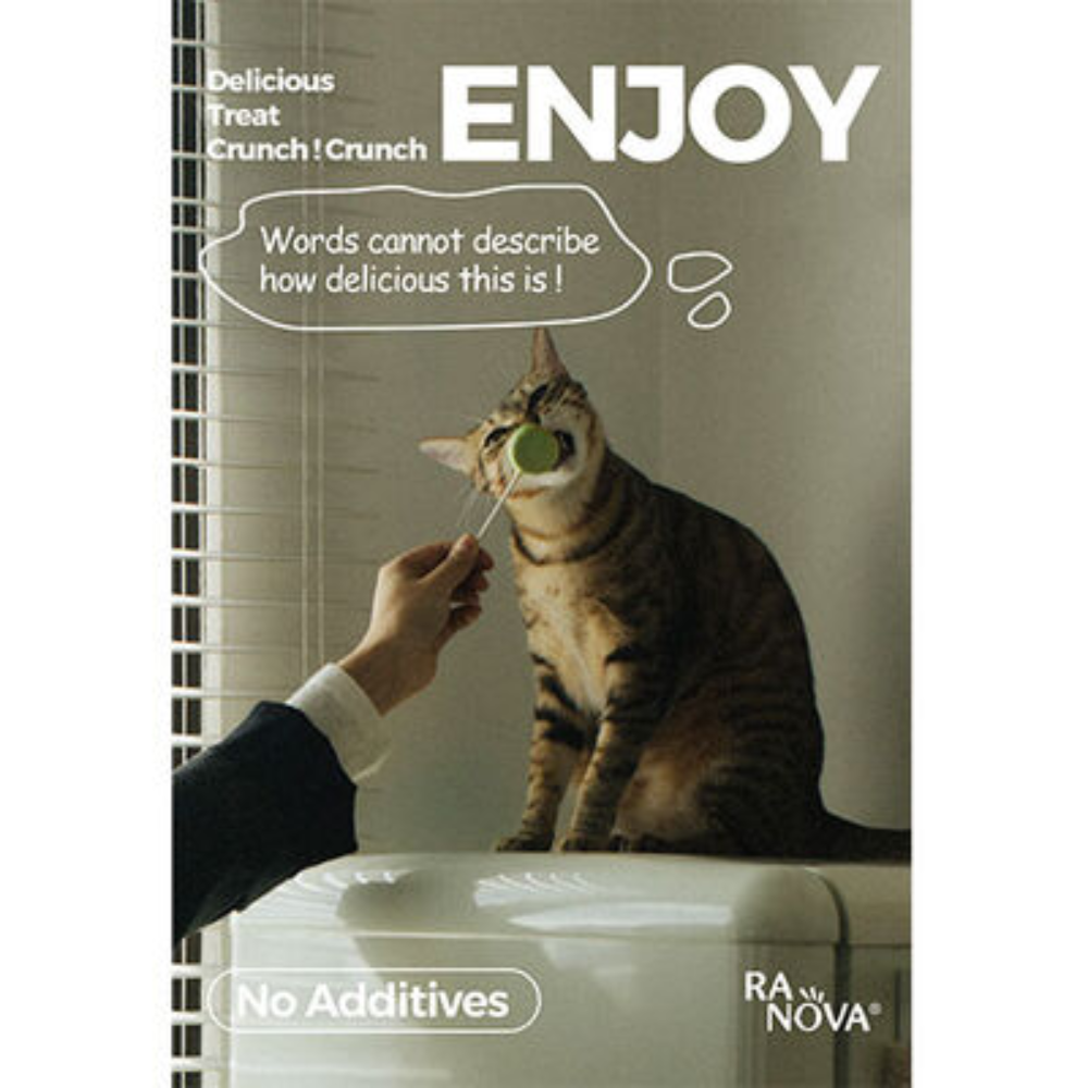 Cat playing with a treat held by a hand, with 'ENJOY' and 'RA NOVA' branding.