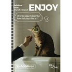 Cat playing with a treat held by a hand, with 'ENJOY' and 'RA NOVA' branding.