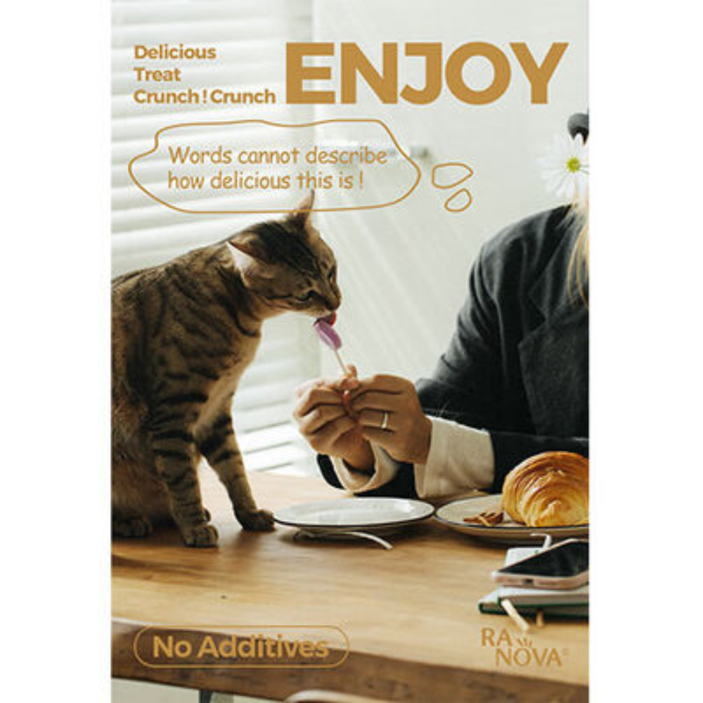 Cat eating from a person's hand with text about a delicious treat, set on a wooden table.